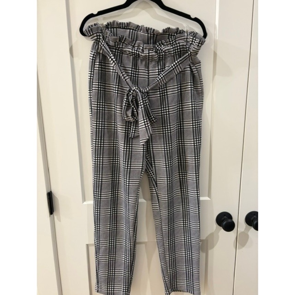 SHEIN Black White Plaid Paperbag Waist Tie Belt Straight Leg Pants Women Size XL